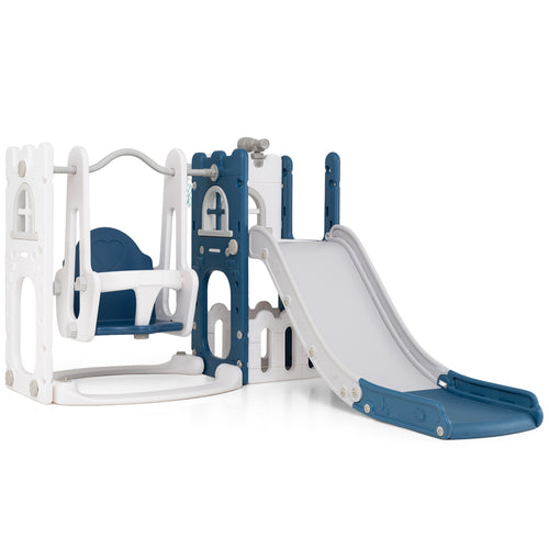 7-in-1 Toddler Swing and Slide Set L-shaped with Ladder and Basketball Hoop, Blue