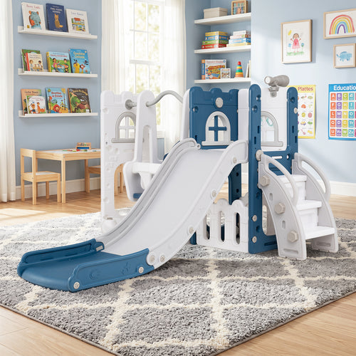 7-in-1 Toddler Swing and Slide Set L-shaped with Ladder and Basketball Hoop, Blue