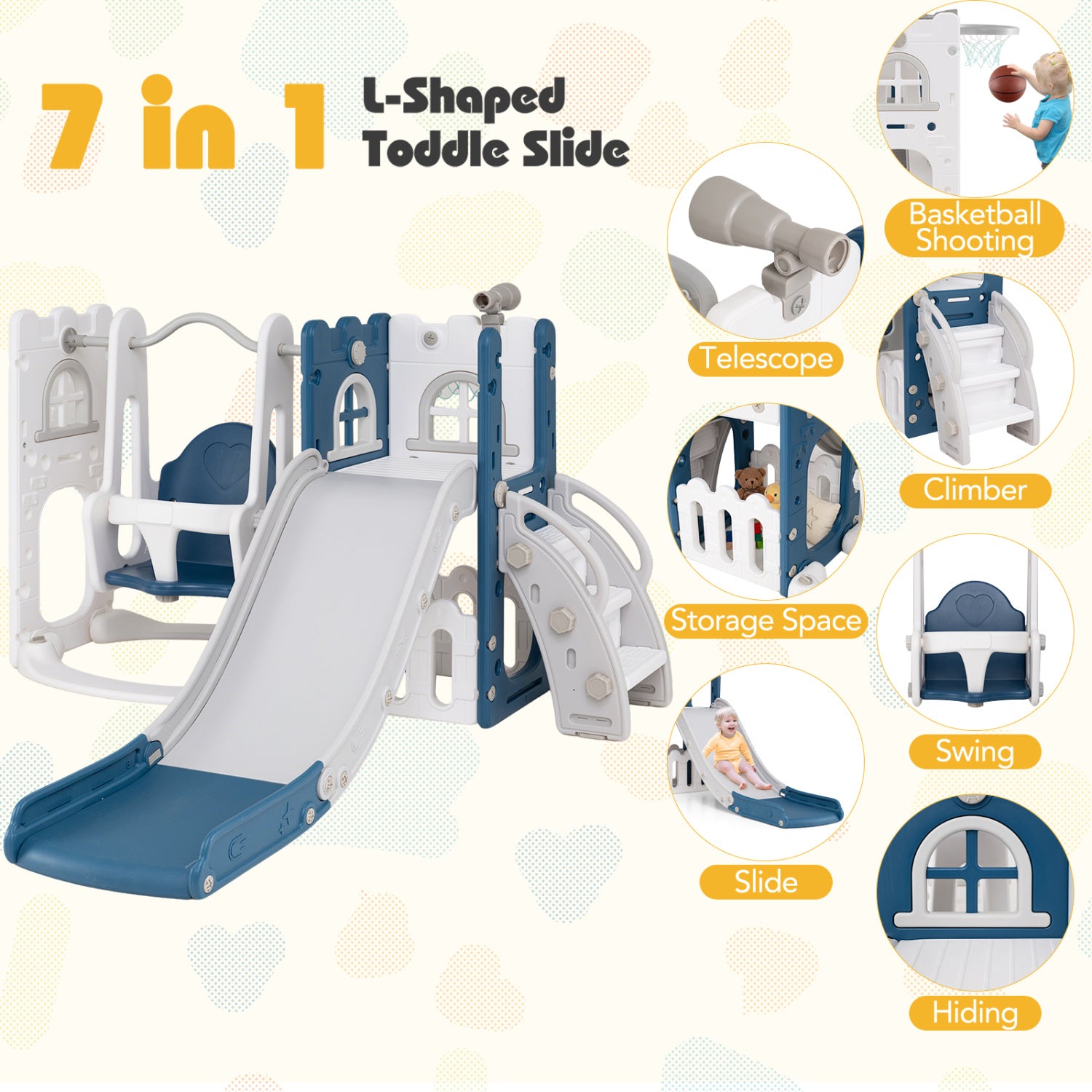 7-in-1 Toddler Swing and Slide Set L-shaped with Ladder and Basketball Hoop, Blue Climbers & Slides at Gallery Canada