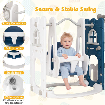 7-in-1 Toddler Swing and Slide Set L-shaped with Ladder and Basketball Hoop, Blue Climbers & Slides at Gallery Canada