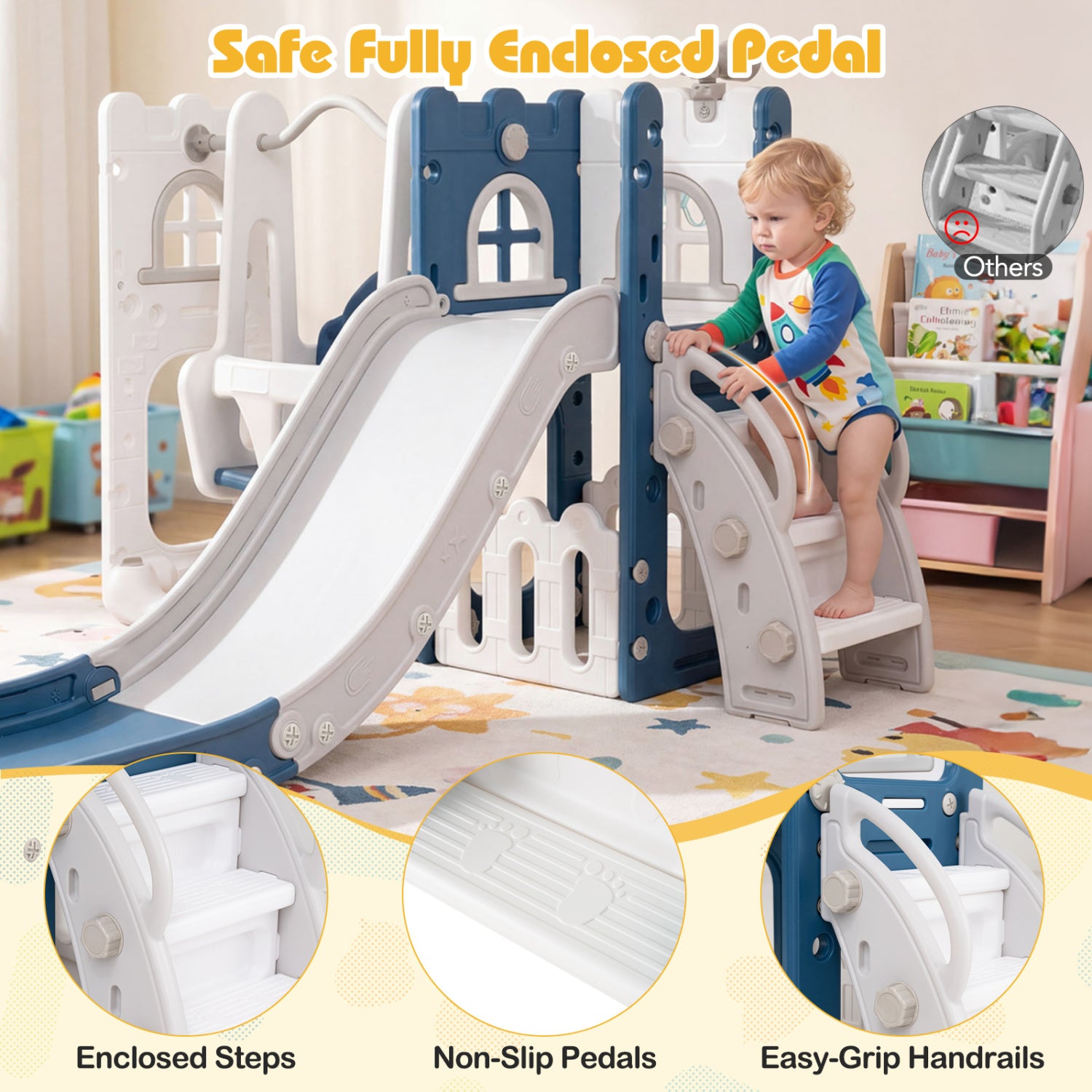 7-in-1 Toddler Swing and Slide Set L-shaped with Ladder and Basketball Hoop, Blue Climbers & Slides at Gallery Canada