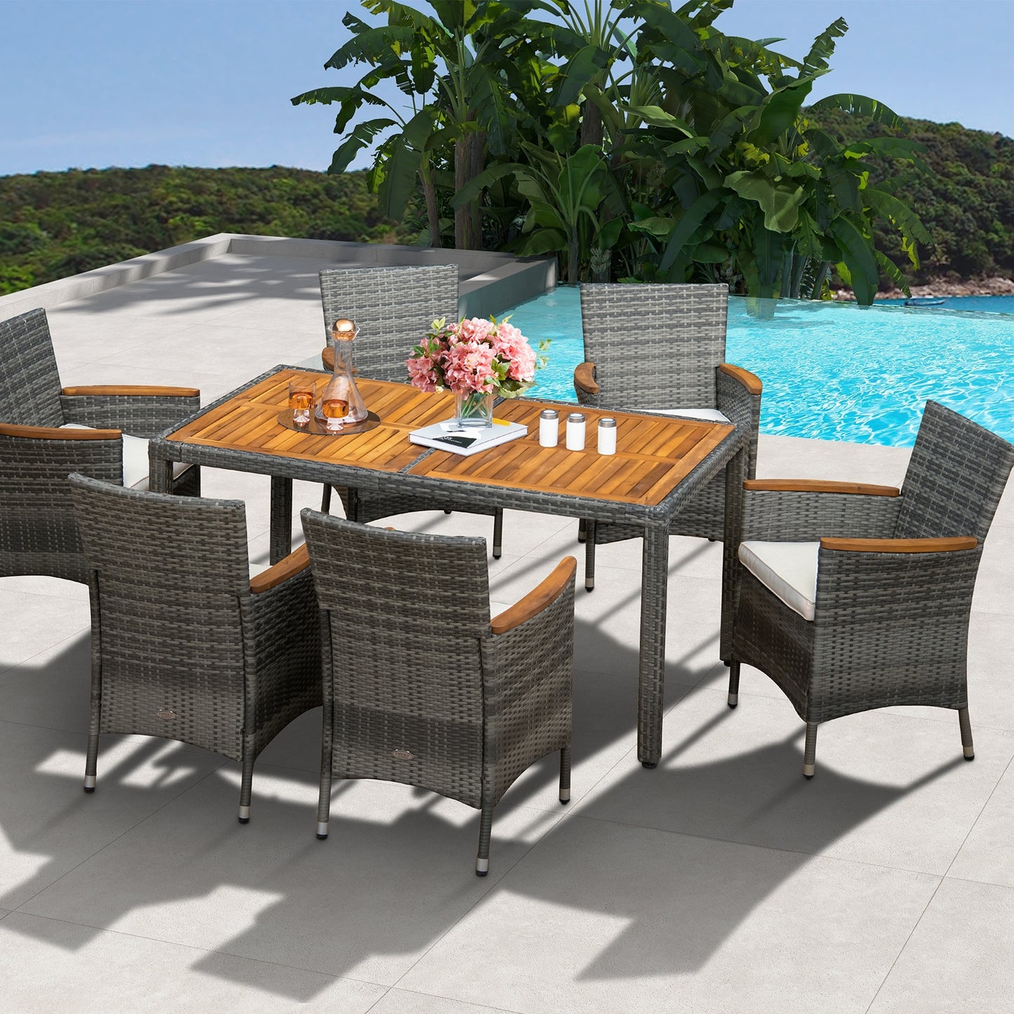 7-Piece Patio Acacia Wood Cushioned PE Rattan Dining Set, Brown Patio Dining Sets at Gallery Canada