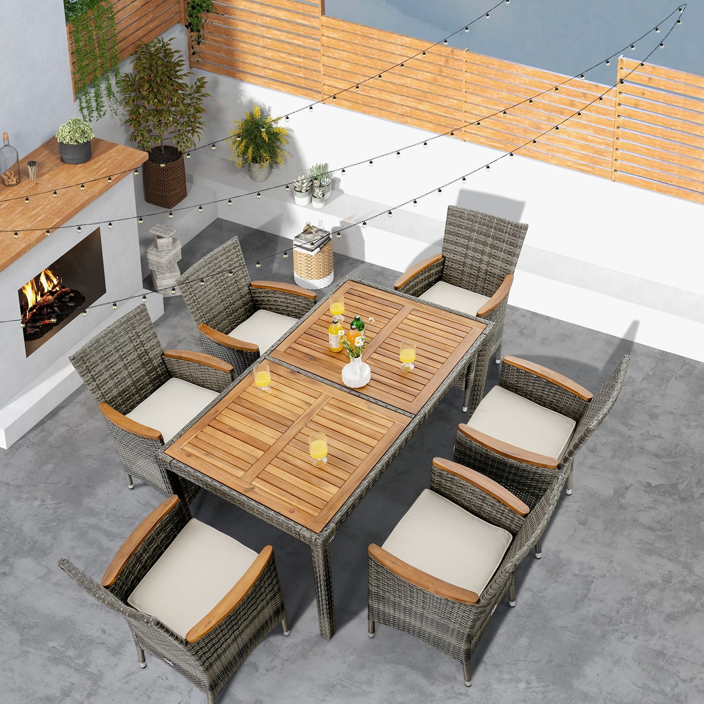 7-Piece Patio Acacia Wood Cushioned PE Rattan Dining Set, Brown Patio Dining Sets at Gallery Canada