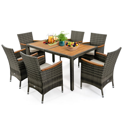 7-Piece Patio Acacia Wood Cushioned PE Rattan Dining Set, Brown Patio Dining Sets at Gallery Canada
