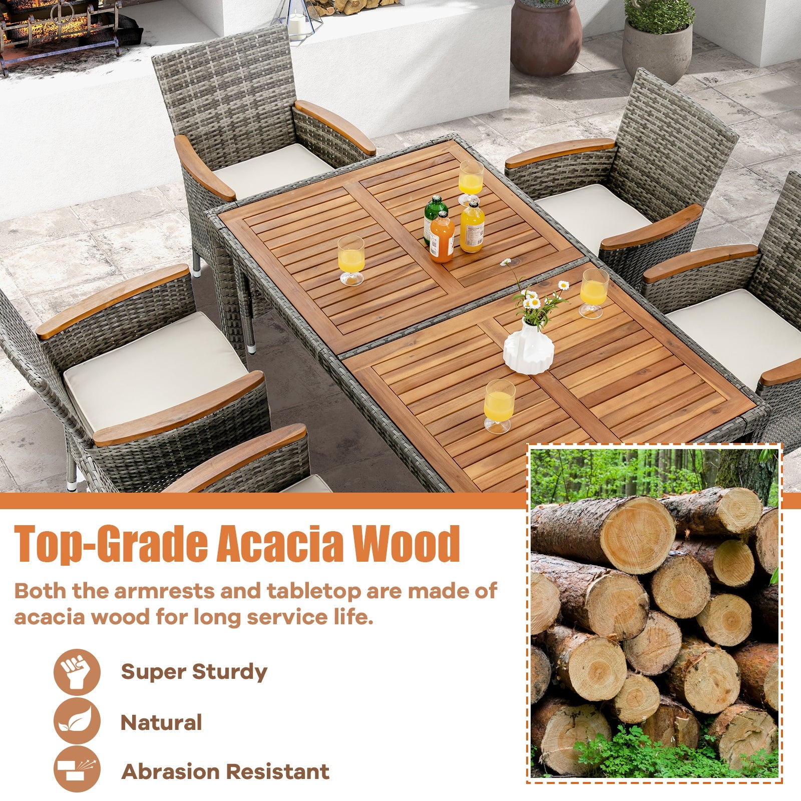 7-Piece Patio Acacia Wood Cushioned PE Rattan Dining Set, Brown Patio Dining Sets at Gallery Canada
