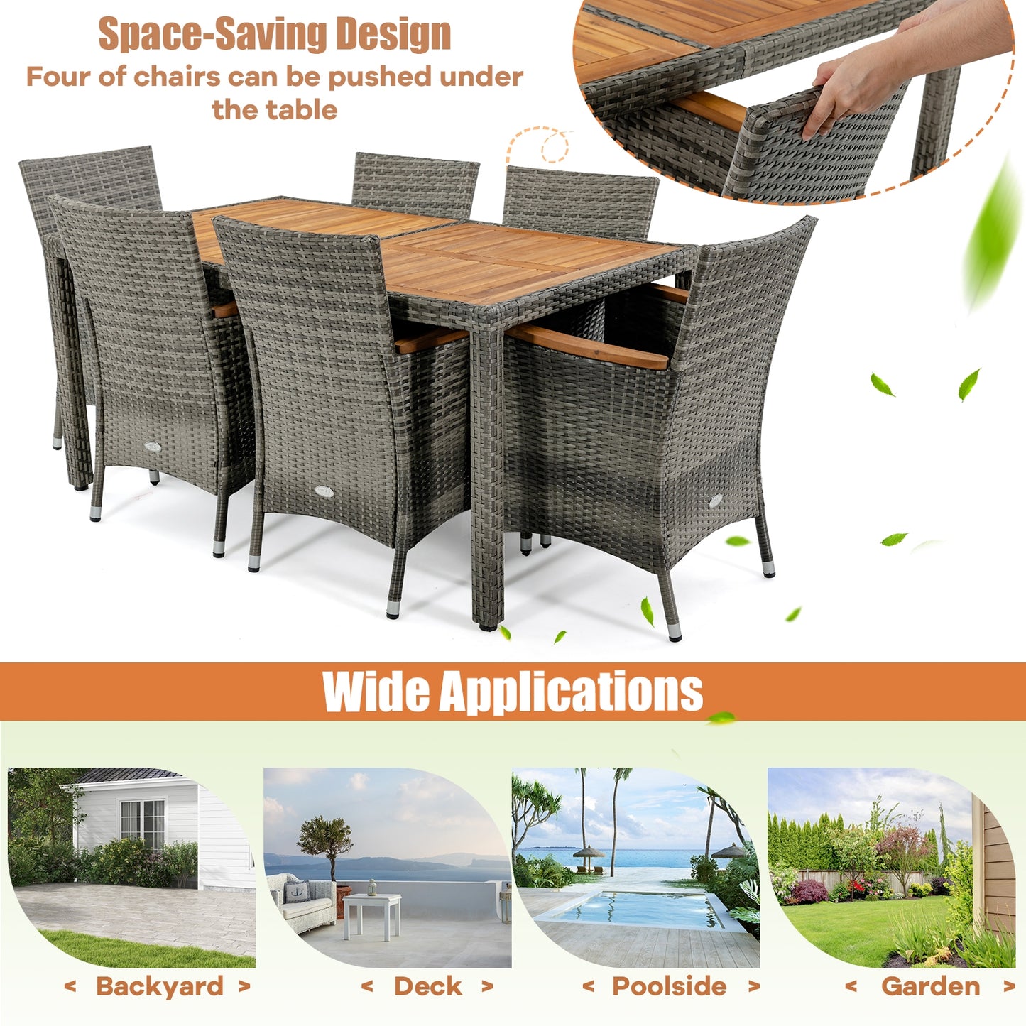 7-Piece Patio Acacia Wood Cushioned PE Rattan Dining Set, Brown Patio Dining Sets at Gallery Canada
