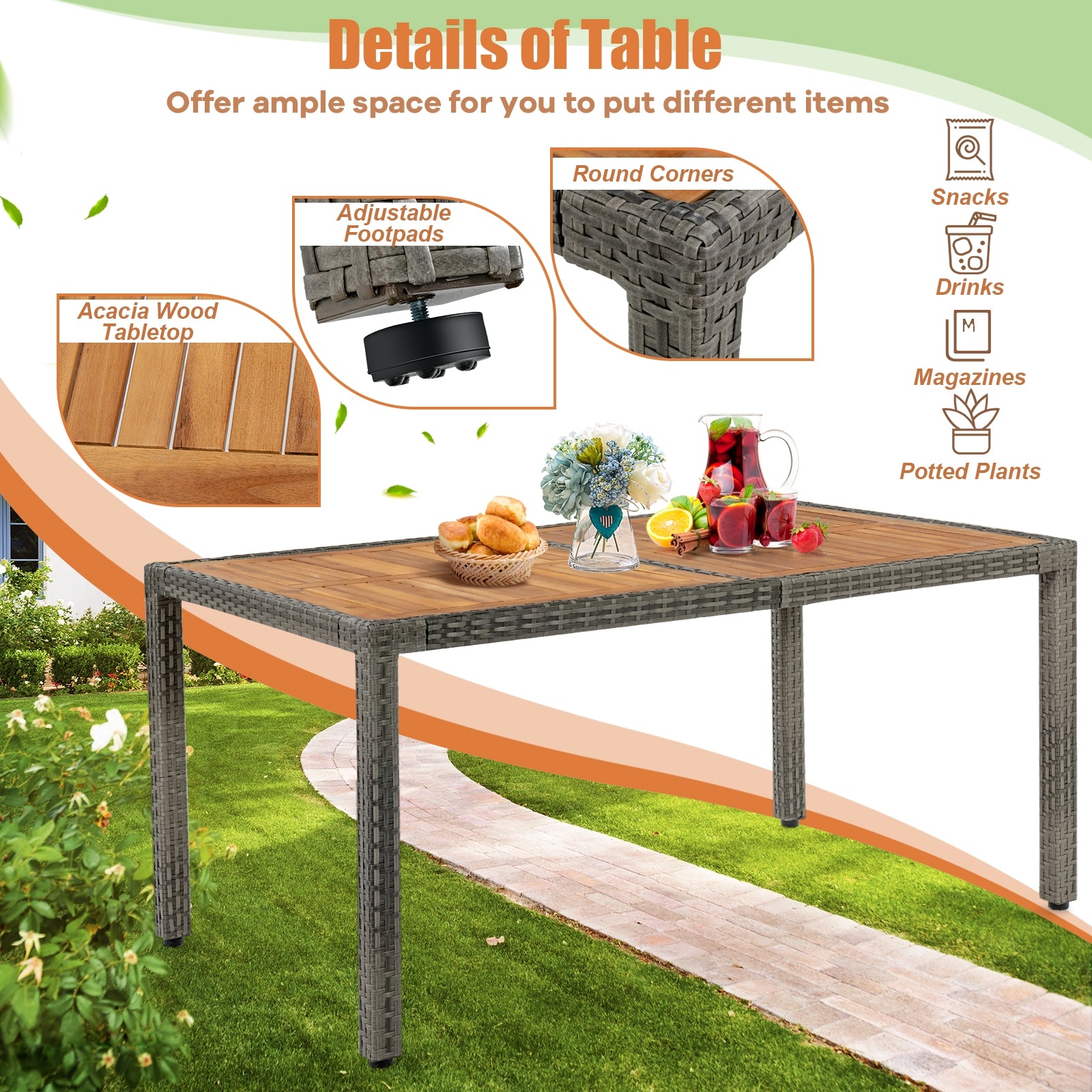 7-Piece Patio Acacia Wood Cushioned PE Rattan Dining Set, Brown Patio Dining Sets at Gallery Canada