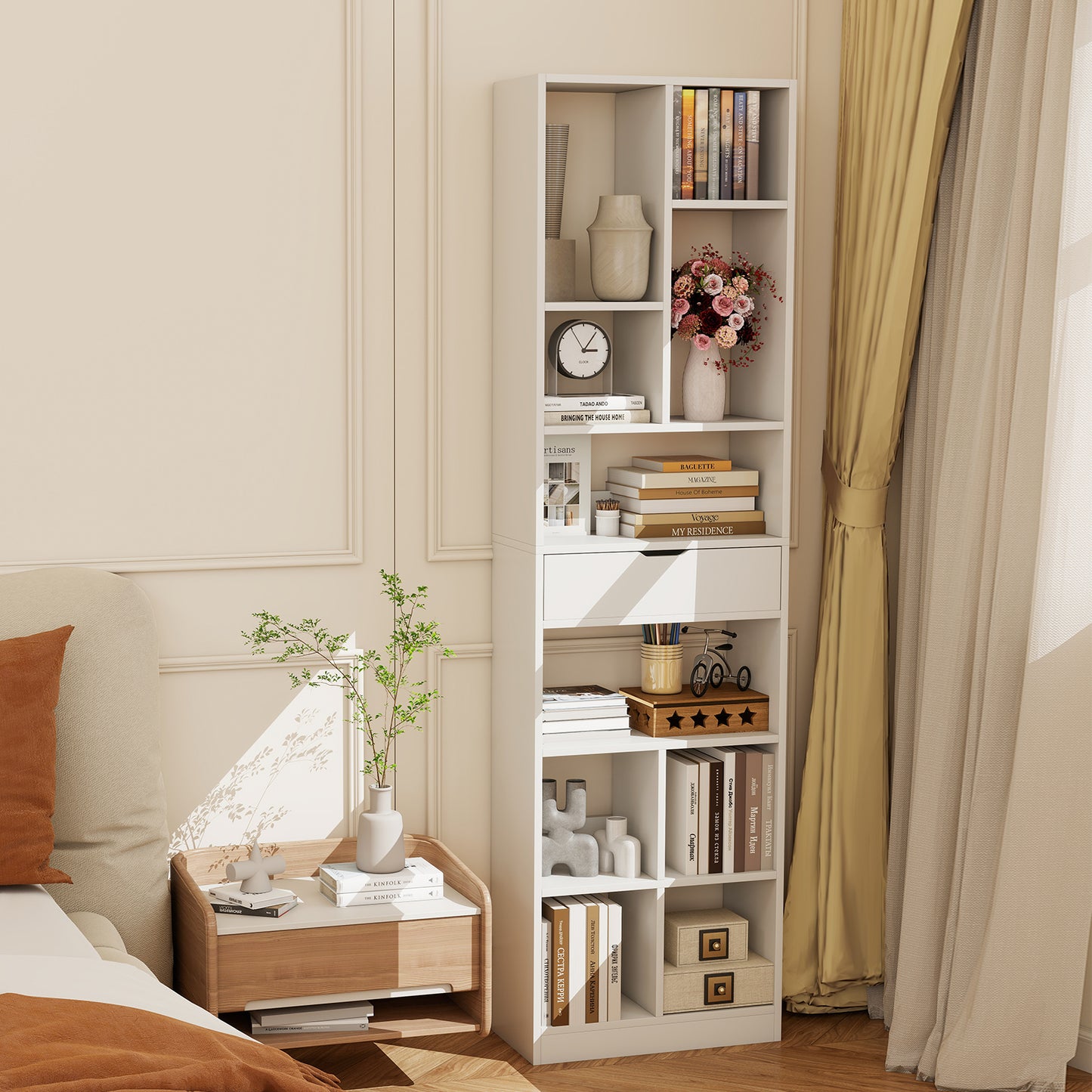 7-tier Bookshelf with Drawer 180cm Floor Standing Display Rack Storage Shelf, White Bookcases at Gallery Canada