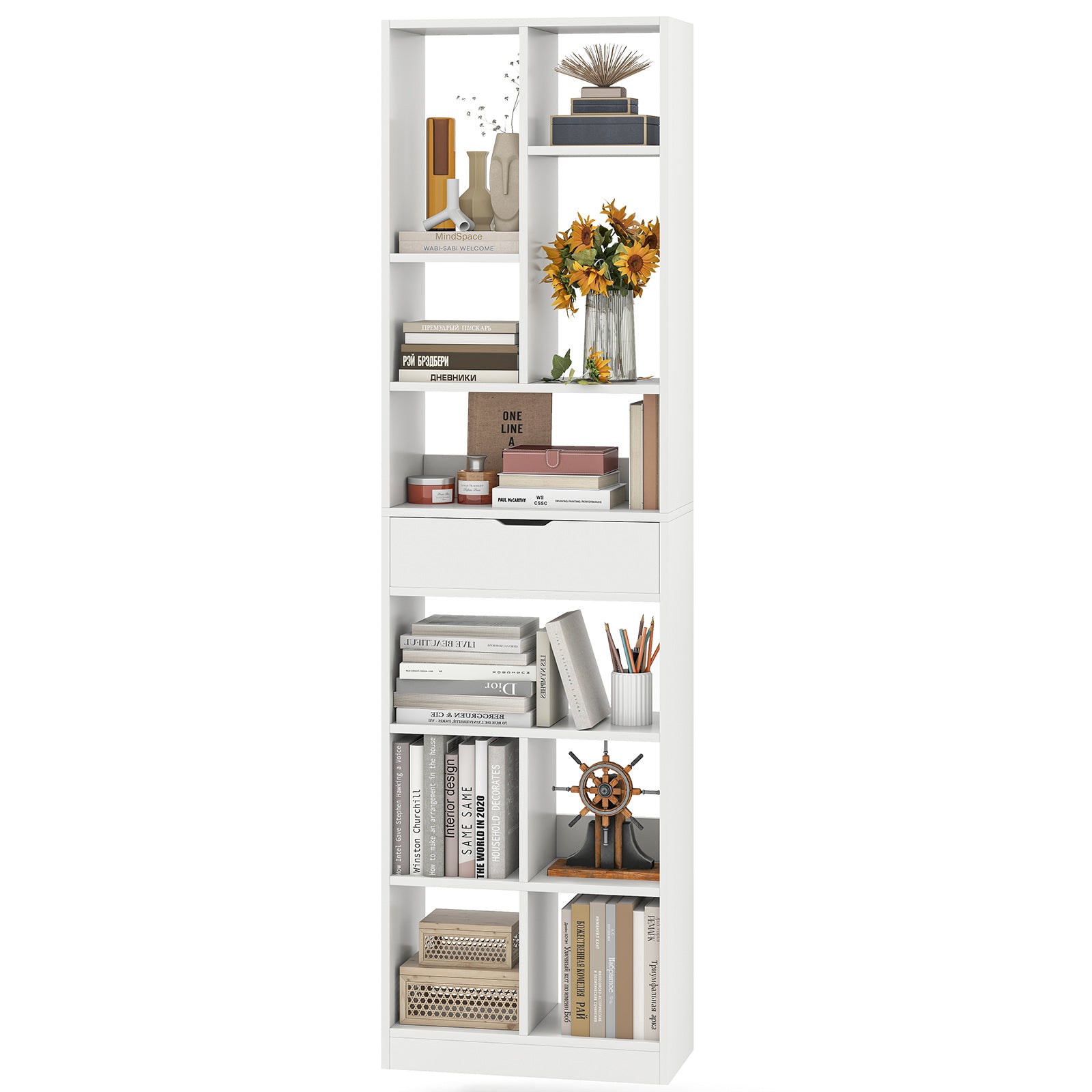 7-tier Bookshelf with Drawer 180cm Floor Standing Display Rack Storage Shelf, White Bookcases at Gallery Canada