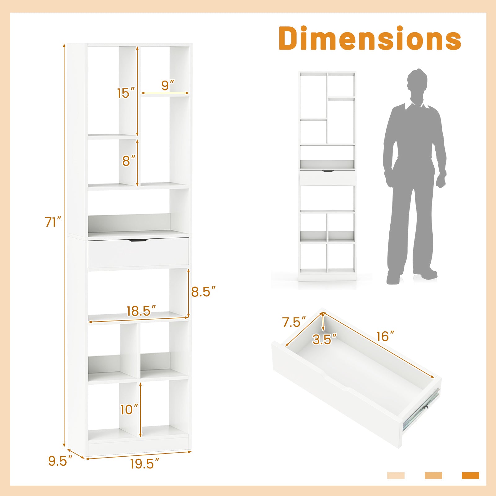 7-tier Bookshelf with Drawer 180cm Floor Standing Display Rack Storage Shelf, White Bookcases at Gallery Canada