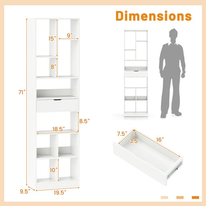 7-tier Bookshelf with Drawer 180cm Floor Standing Display Rack Storage Shelf, White Bookcases at Gallery Canada