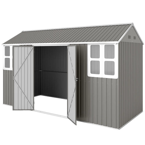 12' x 5.5' Metal Garden Storage Shed, Lockable Door, Light Grey