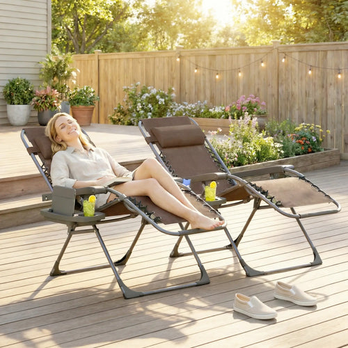 Zero Gravity Chair Set Of 2, Folding Reclining Outdoor Lounge Chair, Brown