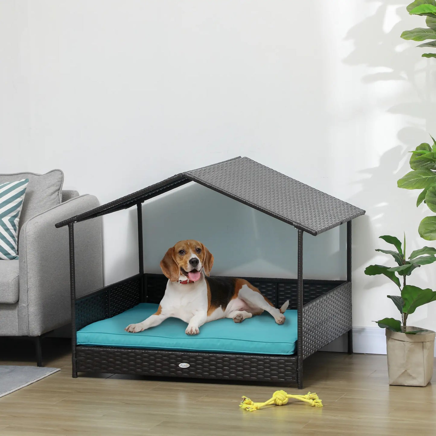 Outdoor Wicker Dog House, Soft Cushion Washable Cover, Medium Large, Blue Houses, Kennels & Pens at Gallery Canada