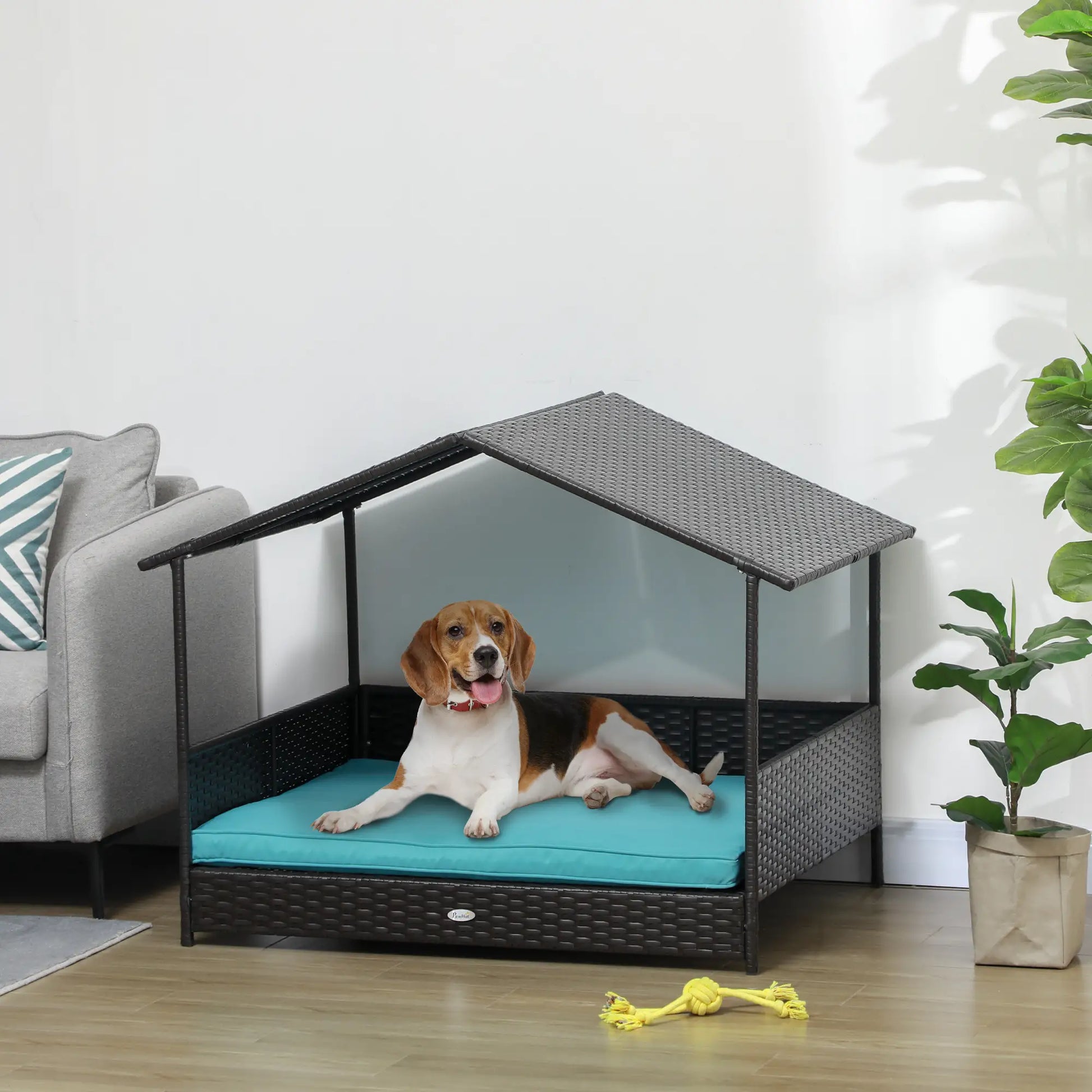 Outdoor Wicker Dog House, Soft Cushion Washable Cover, Medium Large, Blue Houses, Kennels & Pens at Gallery Canada