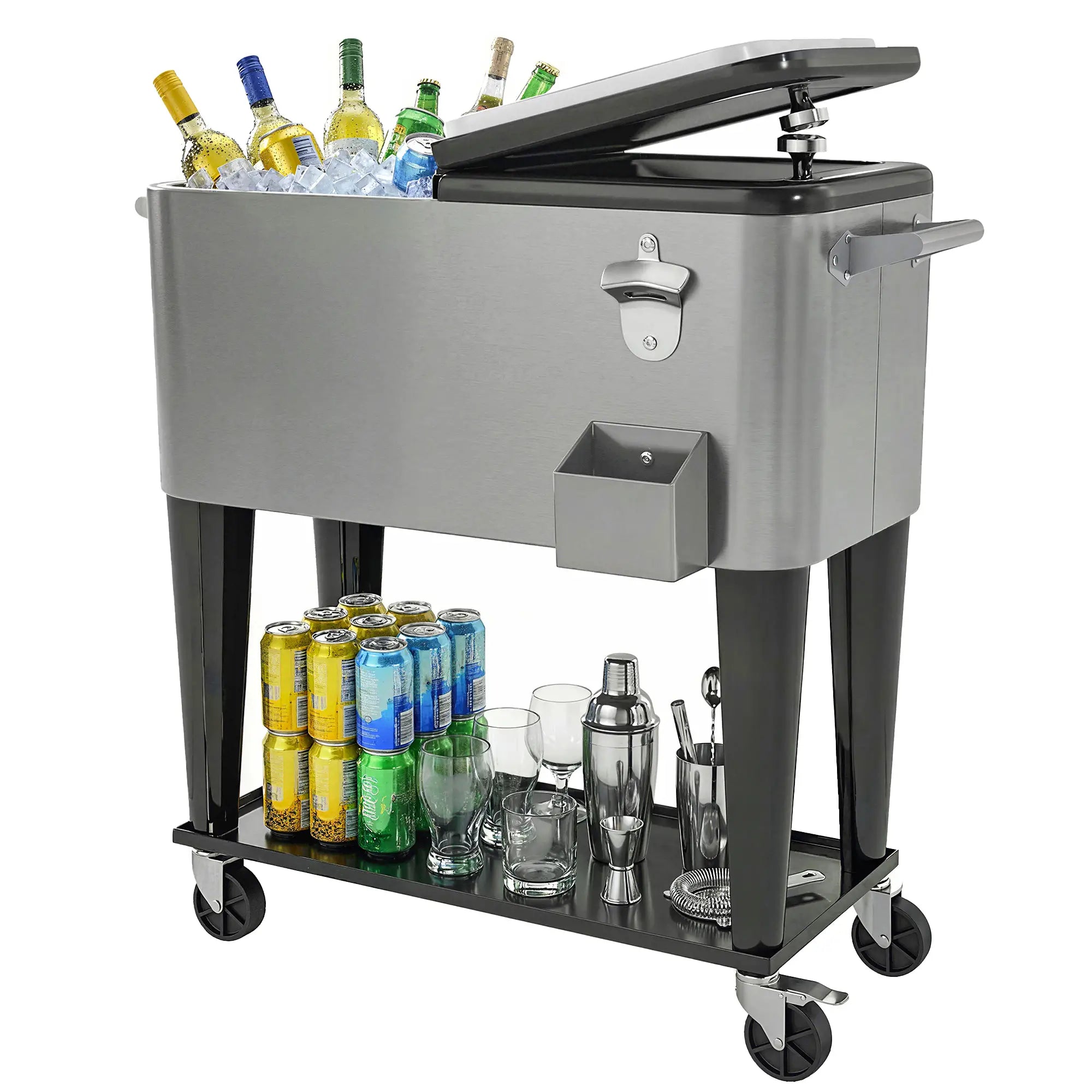 80 Quart Rolling Patio Cooler Cart With Storage Shelf, Locking Wheels, Bottle Opener Cooler Boxes Black, Grey at Gallery Canada