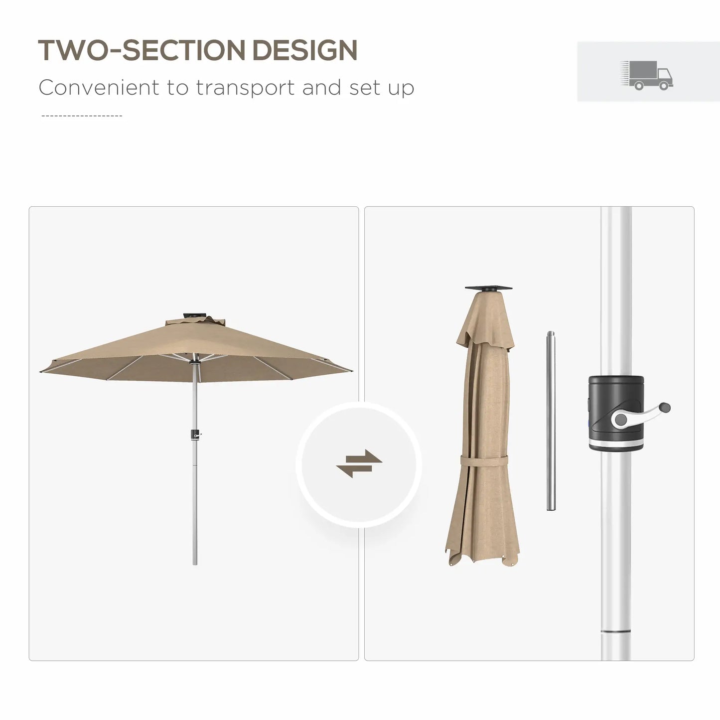 LED Patio Umbrella, Solar & USB Charging, 4 Lighting Modes, Khaki Sun Umbrellas at Gallery Canada