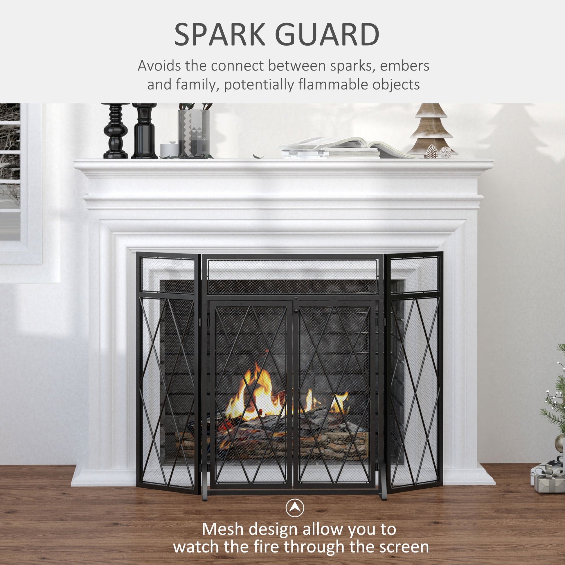 47x31in 3-Panel Fireplace Screen with Double Doors, Steel Mesh Fire Spark Guard Cover for Living Room Indoor Decor, Black at Gallery Canada