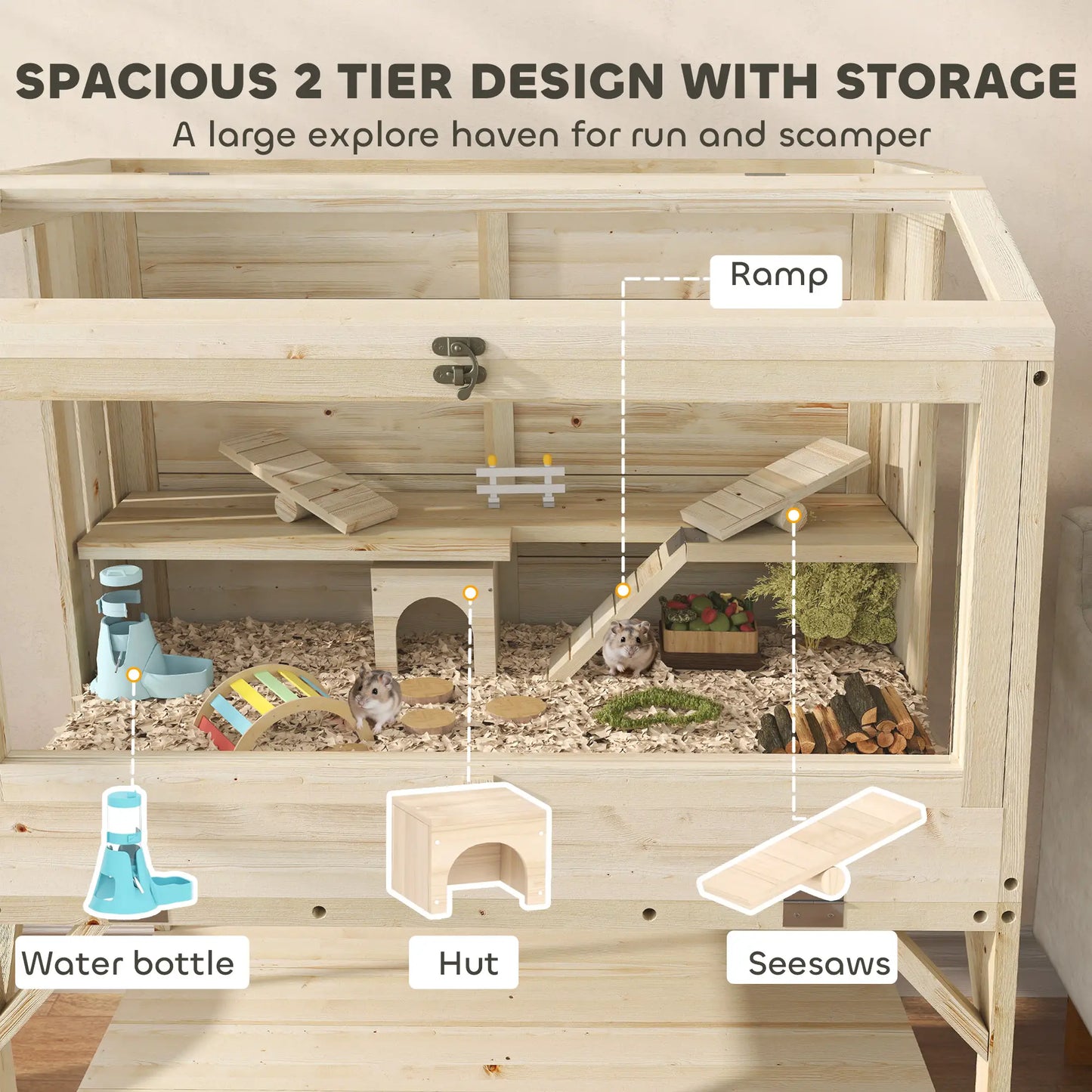 Cage en bois pour hamster, dessus ouvrable, biberon d'eau, panneaux transparents, transparent