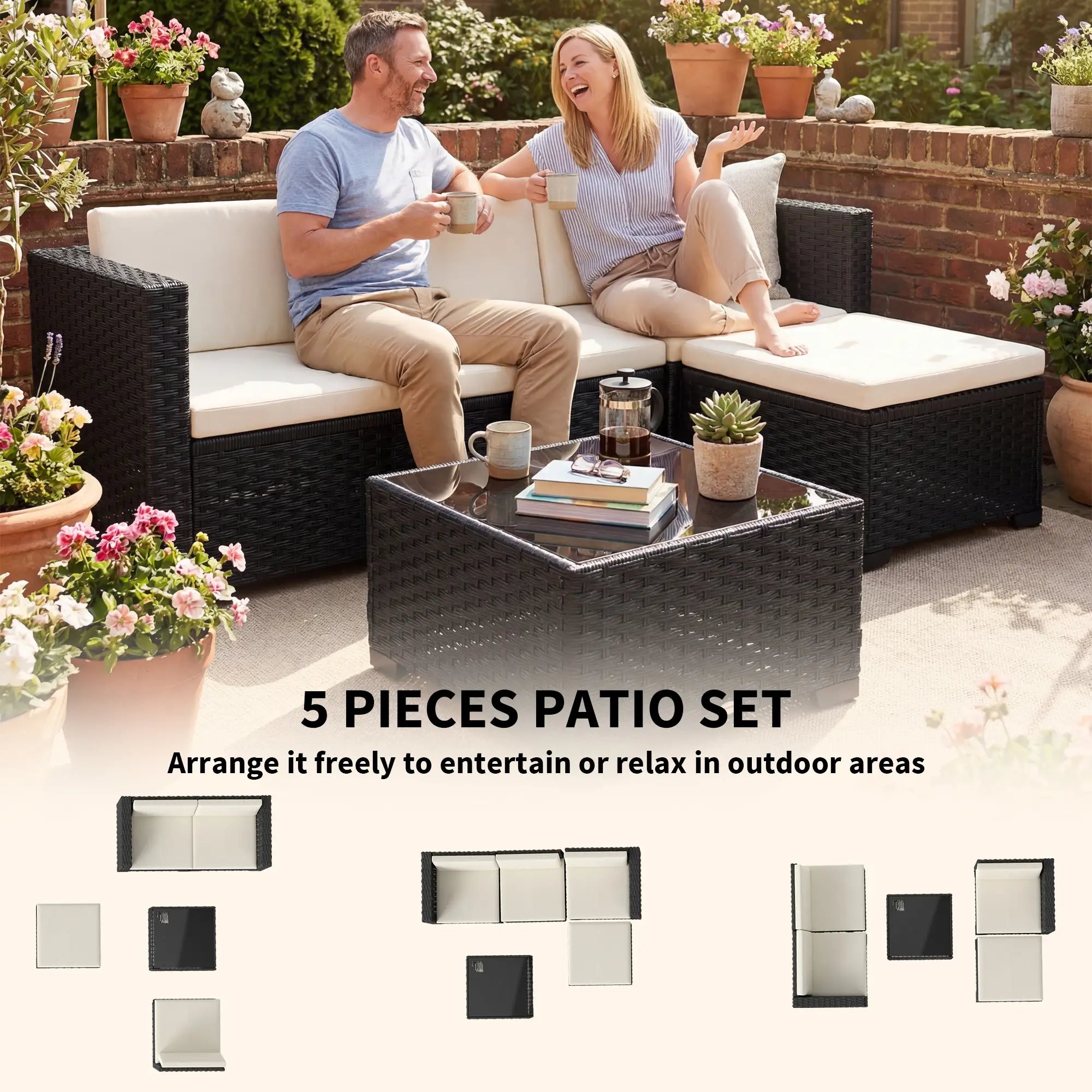 5 Piece L-Shape Patio Set, Wicker Sectional, Cream Patio Furniture Sets at Gallery Canada