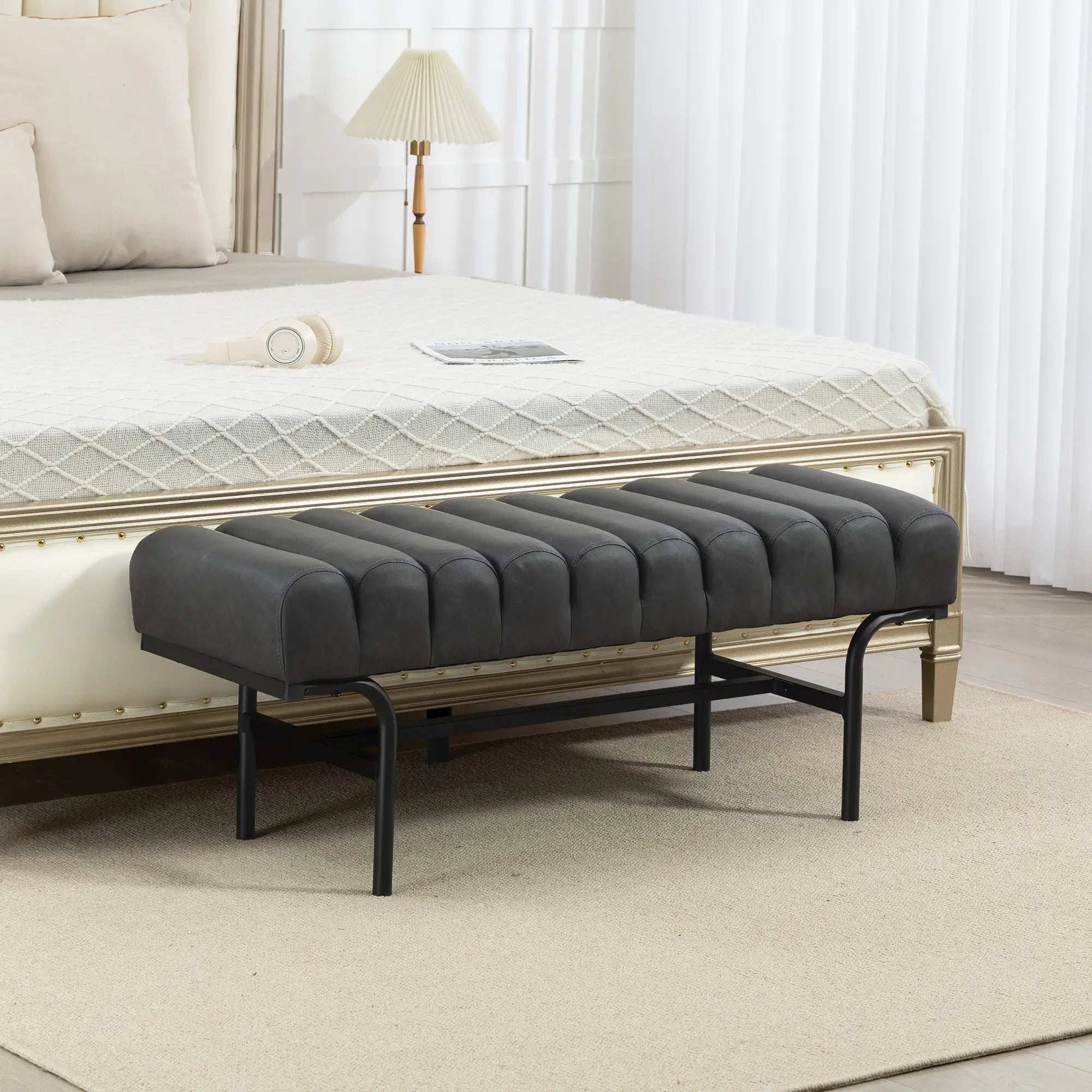 PU Leather Bedroom Bench, Cylindrical Seat, Metal Legs, Black Storage Ottomans & Benches at Gallery Canada