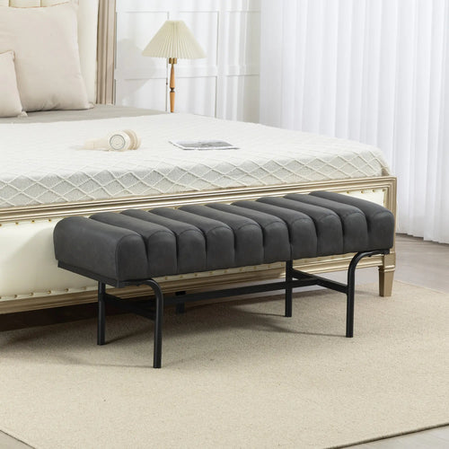 PU Leather Bedroom Bench, Cylindrical Seat, Metal Legs, Black