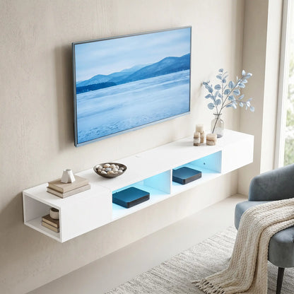 TV Stand with RGB LED Lights, Entertainment Center with Open Shelves for 75 Inch TV, White