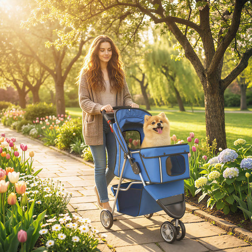 Foldable 3 Wheel Dog Stroller, Storage Basket, Adjustable Canopy, Blue