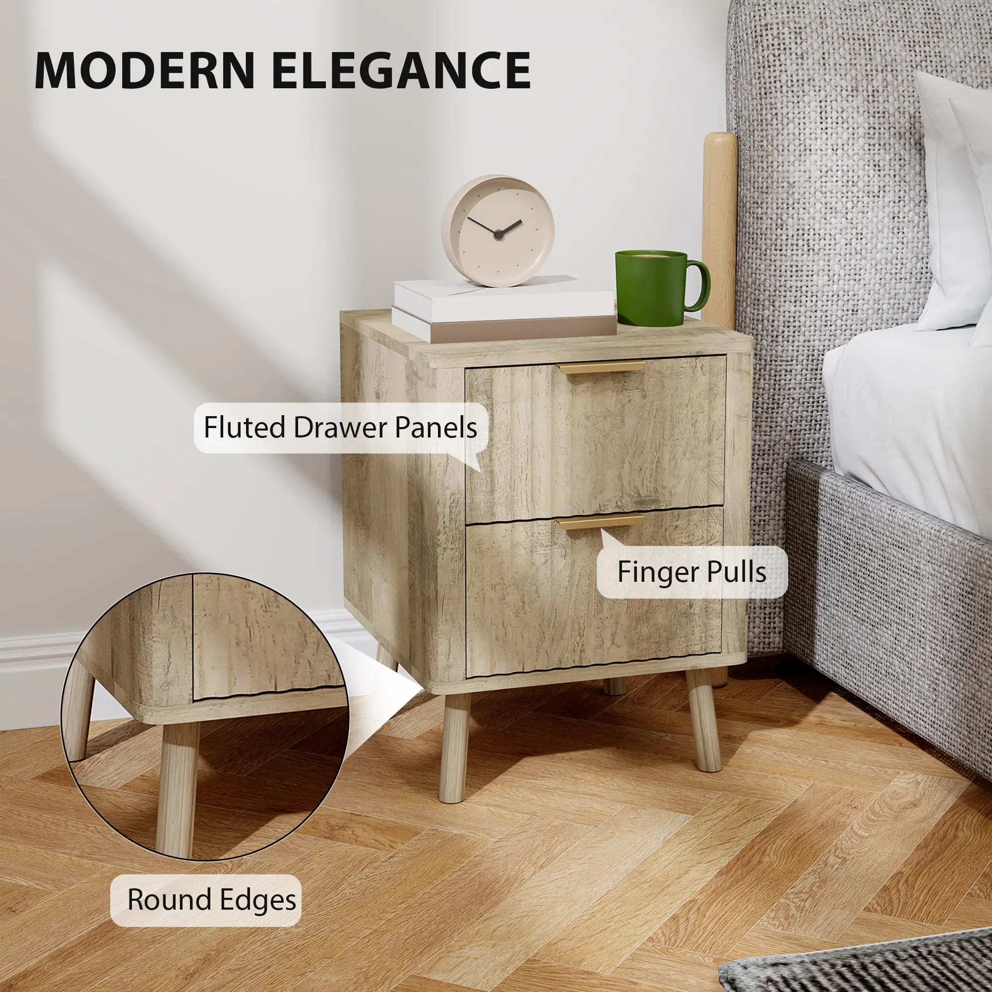 Night Stands Set of 2, Finger Pulls, Fluted Drawers, Round Edges, Oak Bedside Tables at Gallery Canada