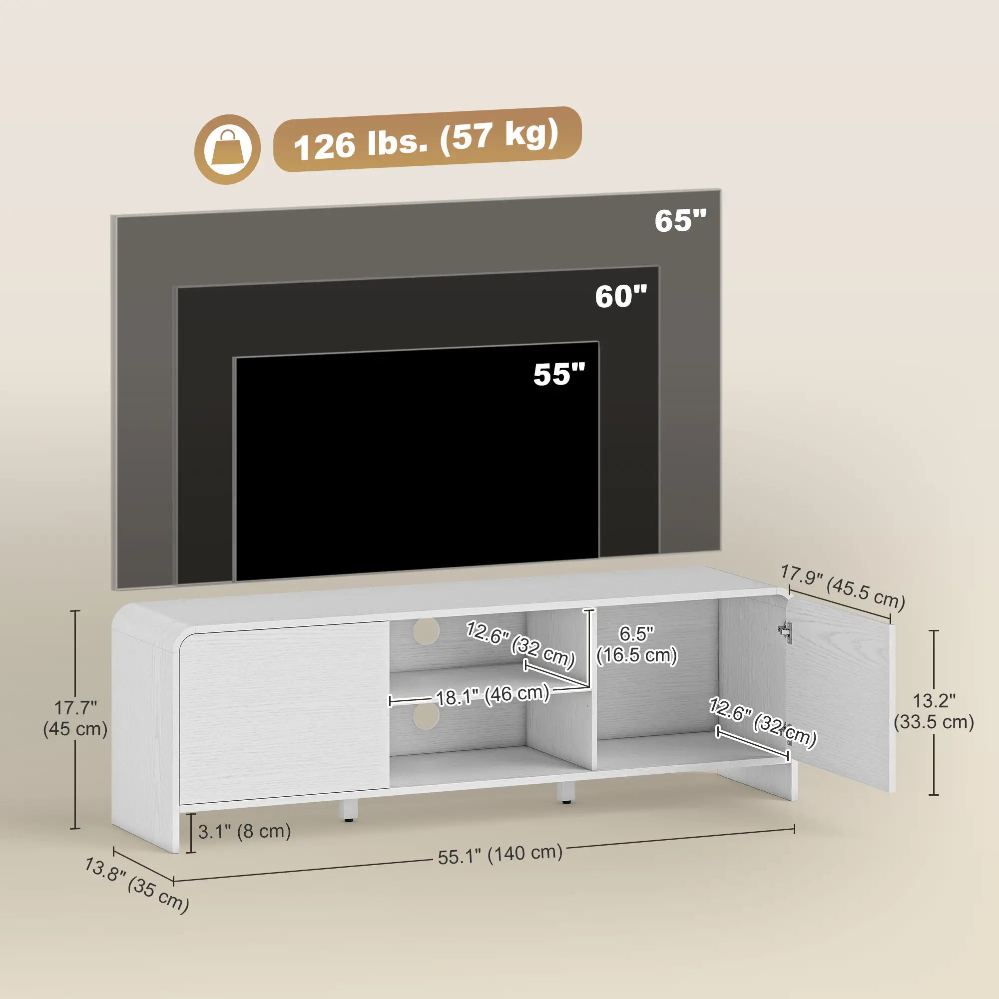 TV Stand For 65 Inch TV, 2 Cabinets 2 Shelves, White TV Stands at Gallery Canada