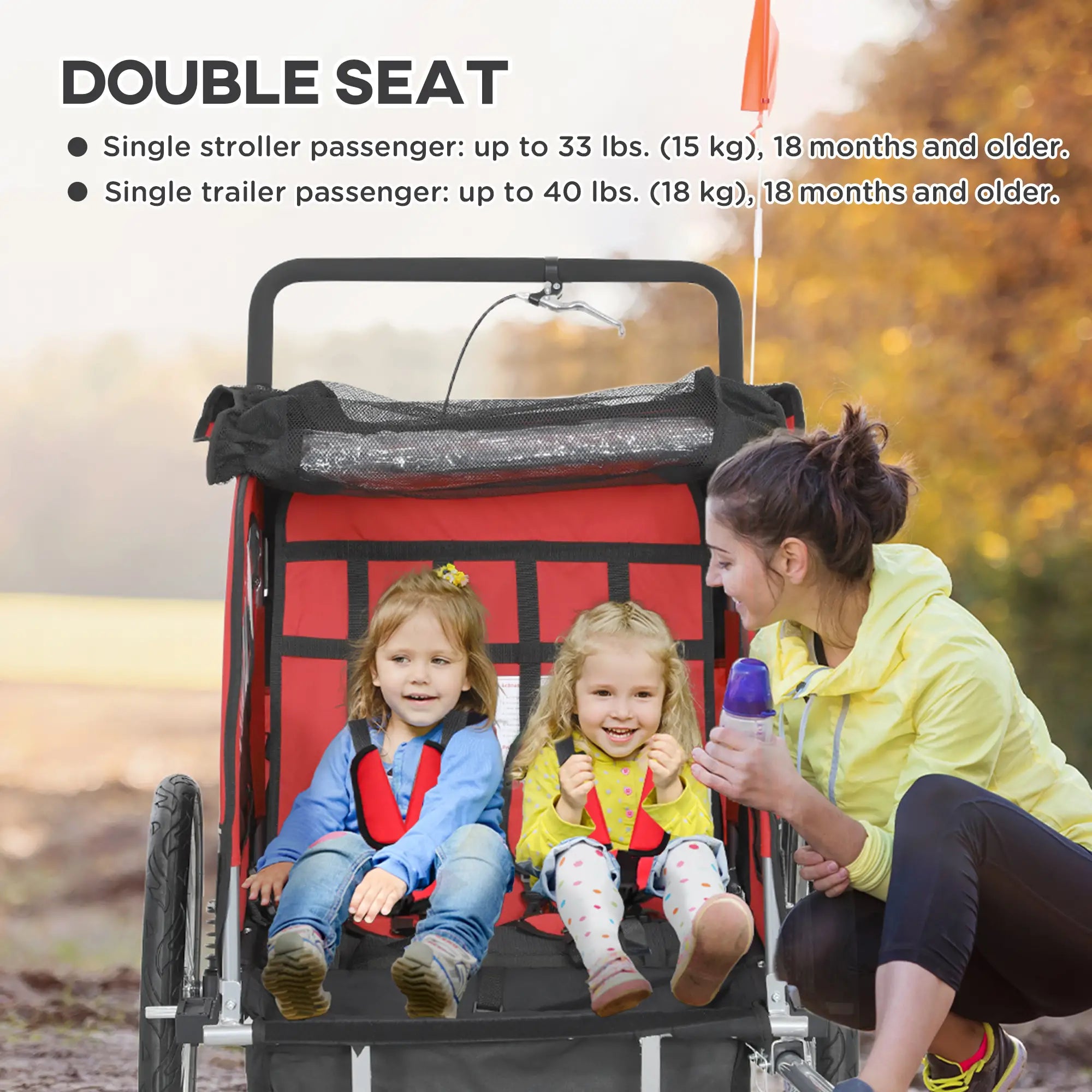 2-in-1 Bike Trailer, Foldable 2-Seat Stroller, 5-Point Harness, Red Kids Bike Trailers at Gallery Canada