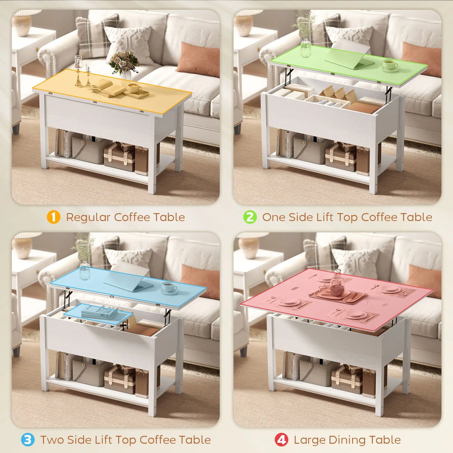 Table basse relevable avec rangement, blanche