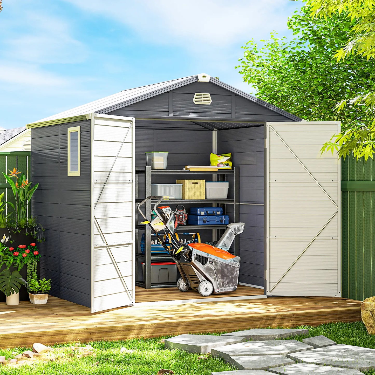 Small Garden Shed, Latch Door, Vents, Sloped Roof, 8x6, Light Grey Sheds at Gallery Canada