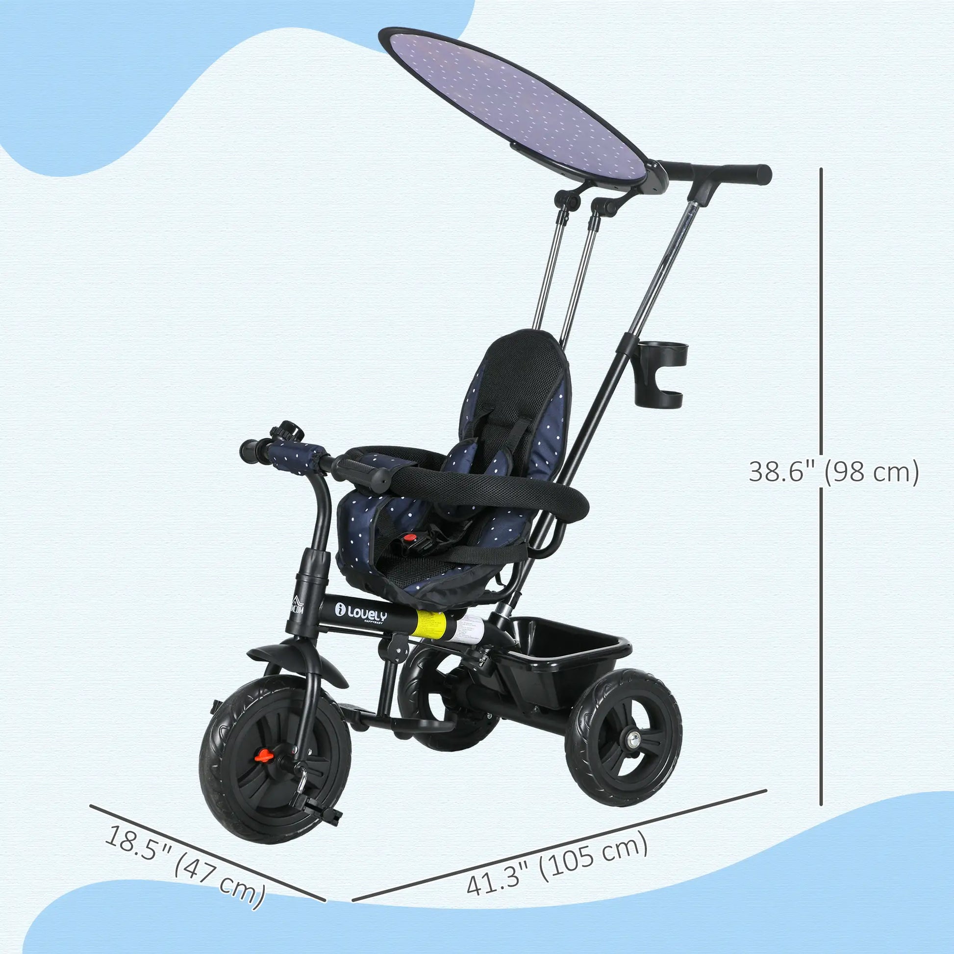 6 in 1 Kids Tricycle, Removable Handlebar, Canopy, Navy Blue Tricycles for Kids at Gallery Canada