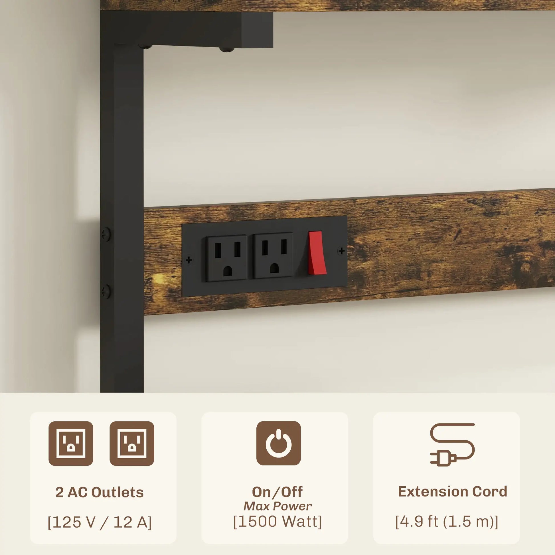 Kitchen Baker's Rack with Power Outlet, Adjustable Shelves, Rustic Brown, Brown Bar Cabinets at Gallery Canada