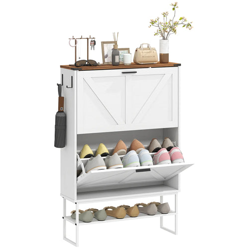Narrow Shoe Cabinet with 2 Flip Drawers, Slim, White Wood Grain, White