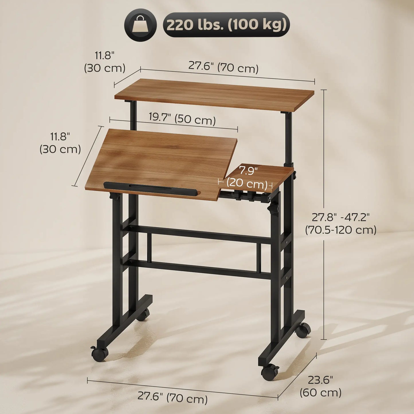 Mobile Stand Up Desk, Height Angle Adjustable, Wheels, Brown Computer Desks at Gallery Canada