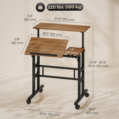 Mobile Stand Up Desk, Height Angle Adjustable, Wheels, Brown Computer Desks at Gallery Canada