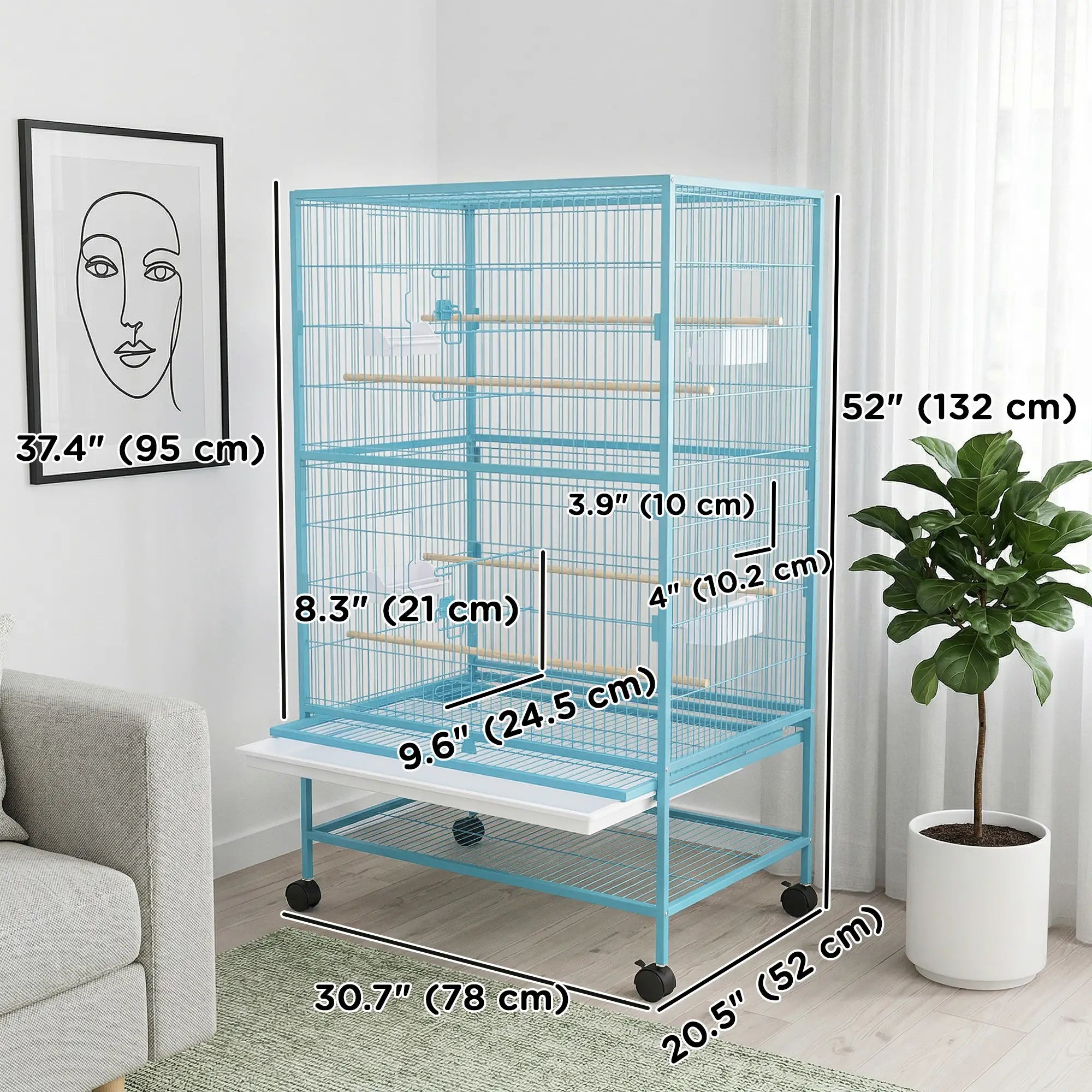 52'' Large Rolling Steel Bird Cage Bird House with Rolling Stand, Storage Shelf, Wood Perch, Food Container, Light Blue Bird Cages at Gallery Canada