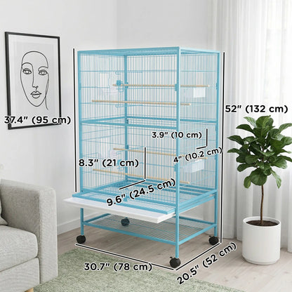 52'' Large Rolling Steel Bird Cage Bird House with Rolling Stand, Storage Shelf, Wood Perch, Food Container, Light Blue Bird Cages at Gallery Canada