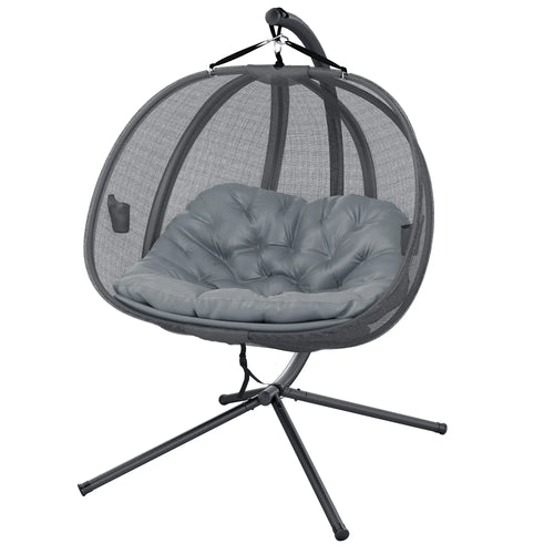 Double Egg Chair with Stand, 2 Person Hanging Swing, Grey