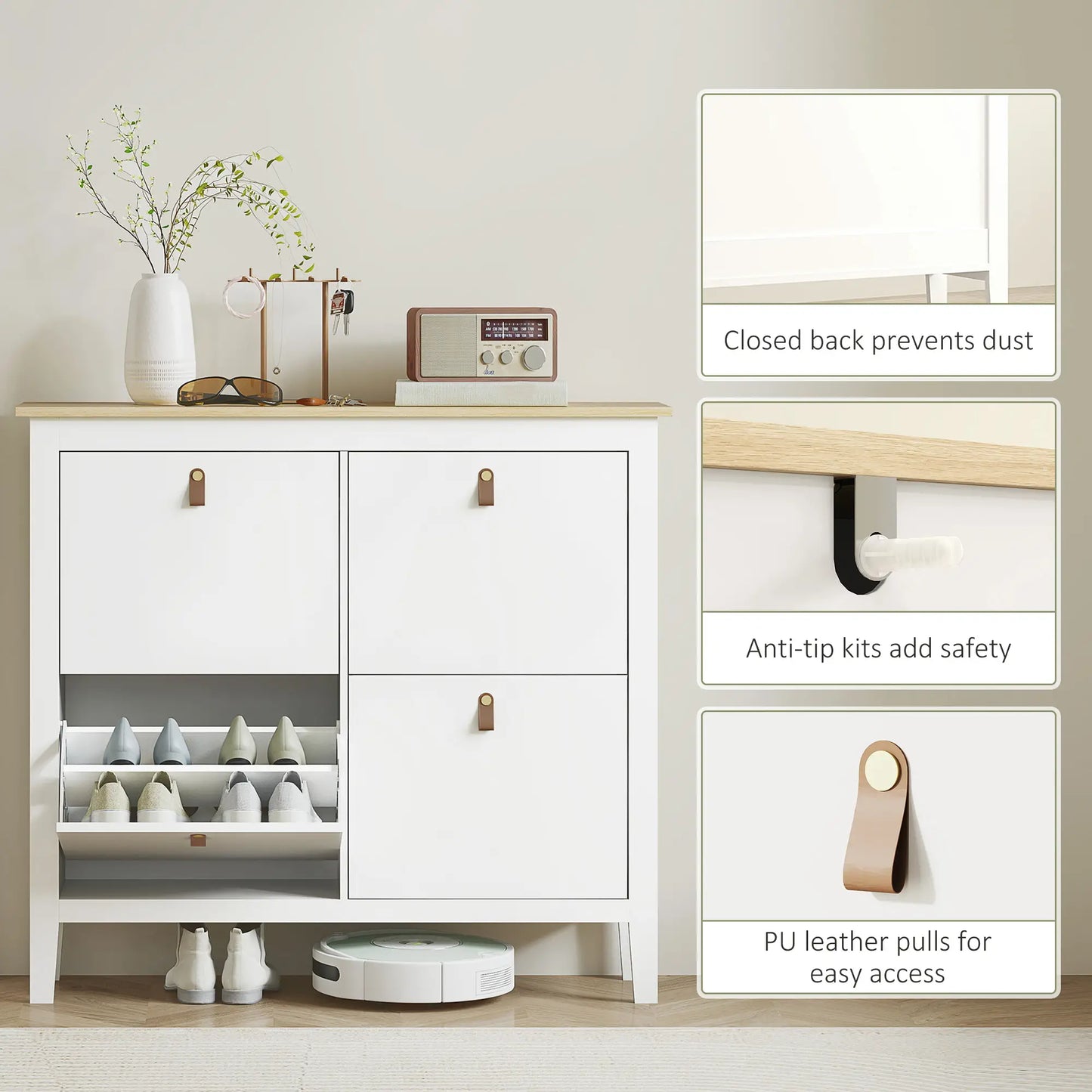 Narrow Shoe Cabinet, 4 Flip Drawers, Adjustable Shelves, White