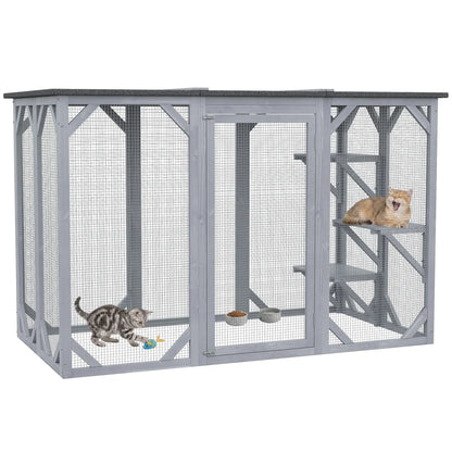 44.1" H Cat Cage, Indoor Outdoor Wooden Pet House, Small Animal Hutch, Grey Outdoor Cat Enclosures Grey at Gallery Canada
