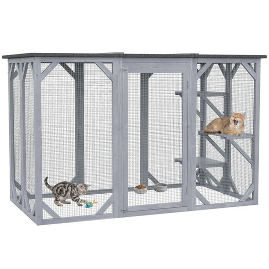 44.1" H Cat Cage, Indoor Outdoor Wooden Pet House, Small Animal Hutch, Grey Outdoor Cat Enclosures Grey at Gallery Canada