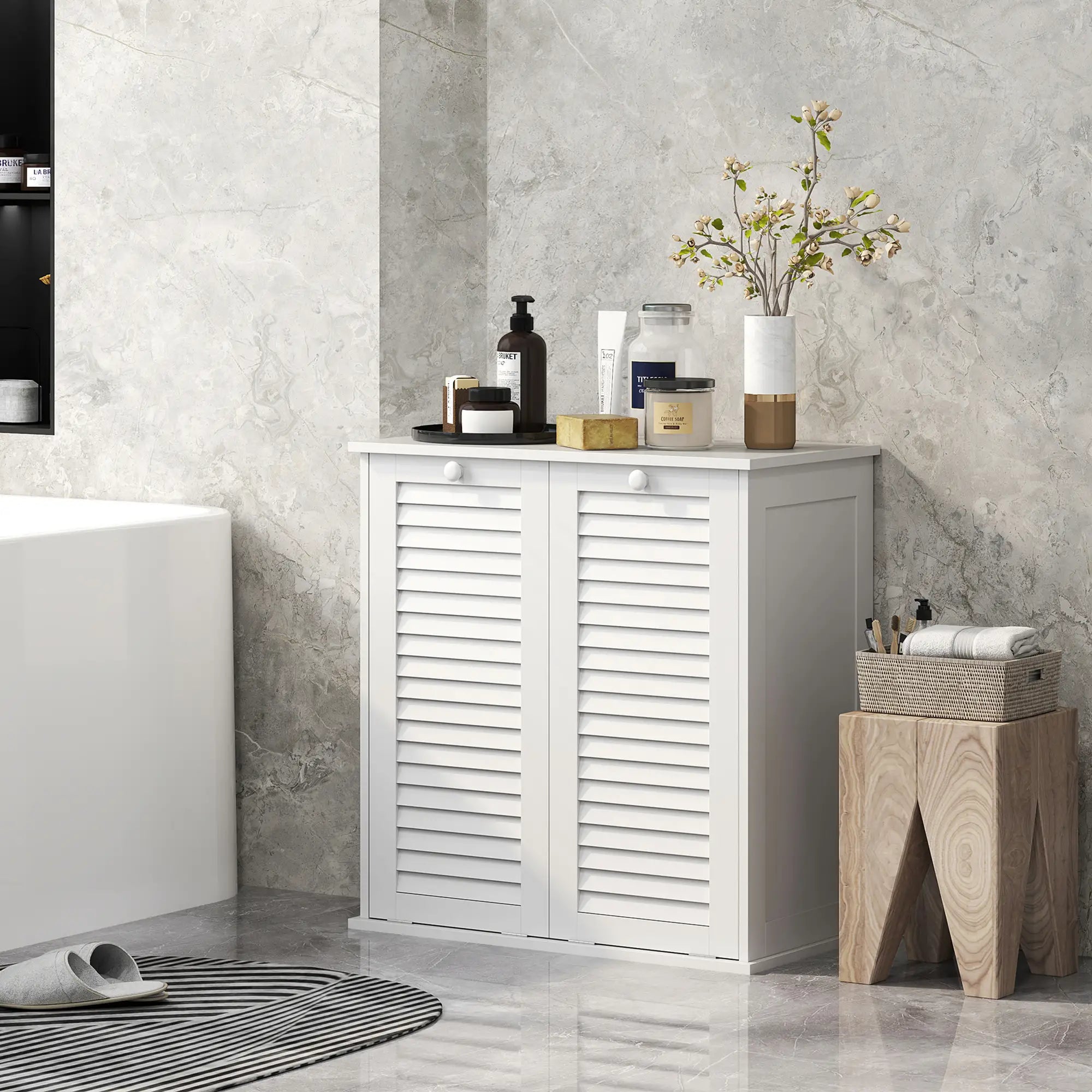 Tilt Out Laundry Cabinet, 2 Baskets, 2 Louvered Doors, White Bathroom Cabinets at Gallery Canada