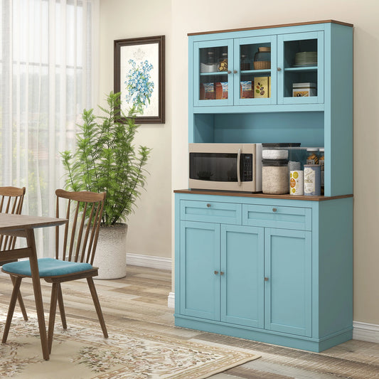71" Pantry Cabinet with Microwave Space, Buffet Hutch, 2 Drawers, Adjustable Shelves, Glass Doors, Blue Kitchen Pantry Cabinets Blue, Oak at Gallery Canada