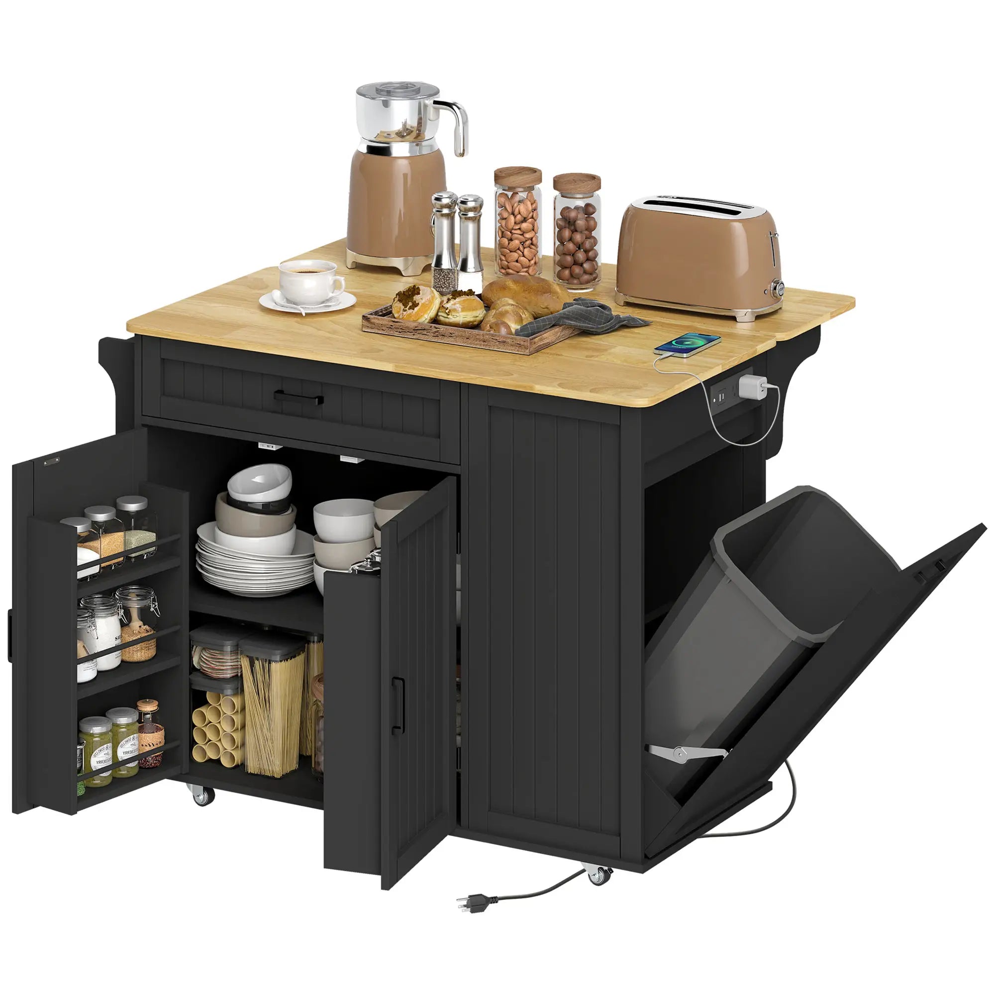 Kitchen Island Cart, Portable Table with Charging Station, Rubber Wood Drop Leaf, Trash Storage, Black Kitchen Islands & Kitchen Carts at Gallery Canada