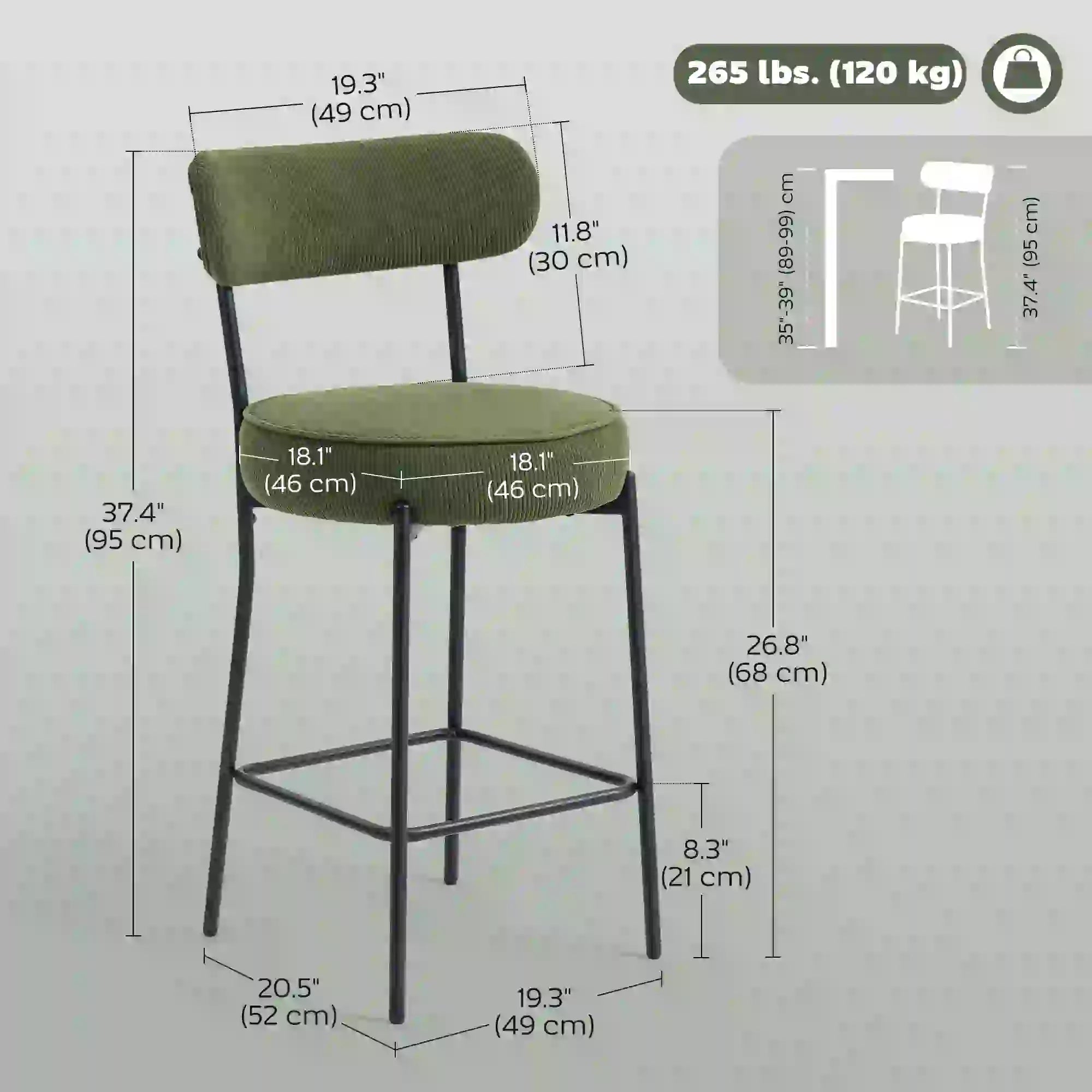 Set of 2 Barstools, Upholstered Corduroy, Backrest, Footrest, Green Bar Stools at Gallery Canada