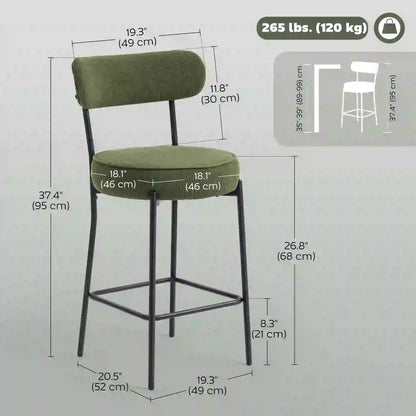 Set of 2 Barstools, Upholstered Corduroy, Backrest, Footrest, Green Bar Stools at Gallery Canada