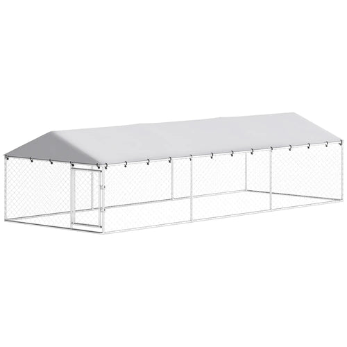 Outdoor Dog Kennel, 19.7' x 7.5' x 4.9', Galvanized Steel Chain Link, Silver